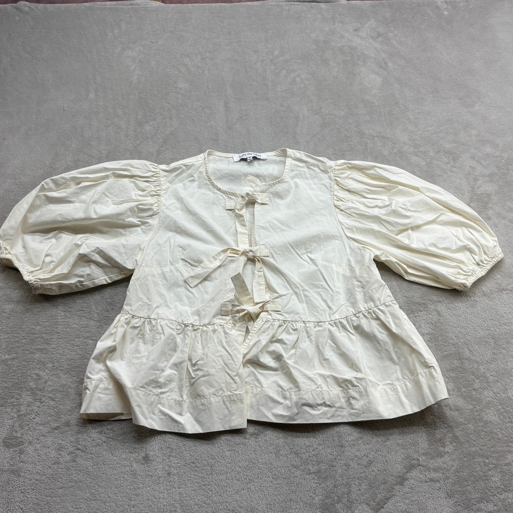Sofie the label Tie Front Blouse Womens S Cream Puff Sleeve Peplum Coquette Boho